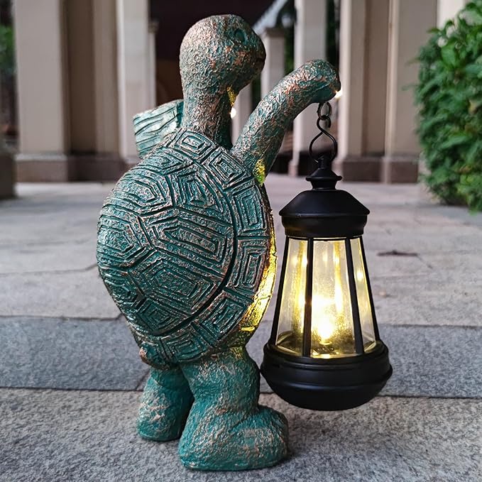Solar Turtle Garden Statue with Welcome Sign and Lantern - 10-Inch Resin Decor