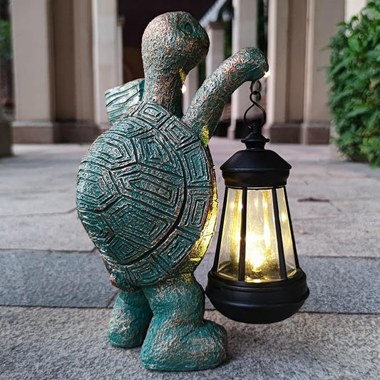 Solar Turtle Garden Statue with Welcome Sign and Lantern - 10-Inch Resin Decor