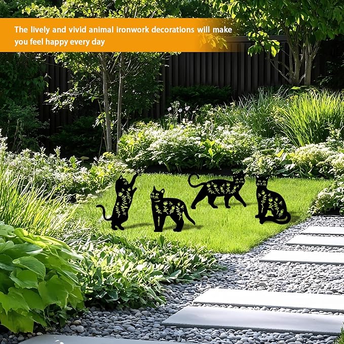 Black Cat Metal Garden Stakes Set of 4 - Weather-Resistant Silhouette Yard Decor for Lawns, Patios, Flower Beds, and Cat Lovers