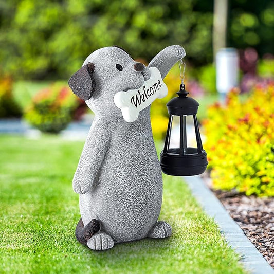 Solar Dog Garden Statue with Lantern Light - Hand-Painted Resin Outdoor Figurine for Yard, Patio, Lawn, Balcony, and Garden Decor