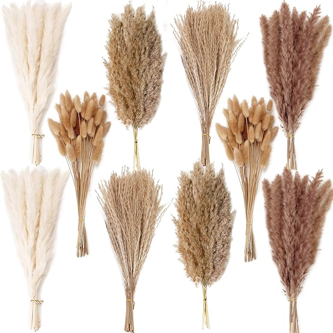Boho dried flower bouquet set with pampas grass stems in white, tan, and brown