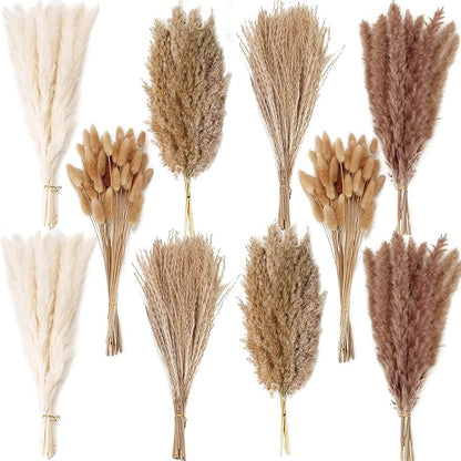 Boho dried flower bouquet set with pampas grass stems in white, tan, and brown