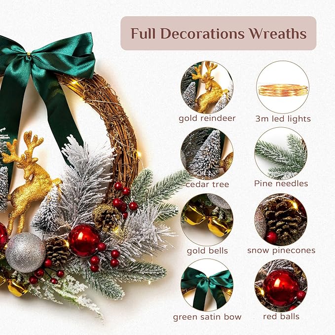 Flocked Christmas wreath with teal satin bow, gold reindeer, gold bells, and lit pine needles