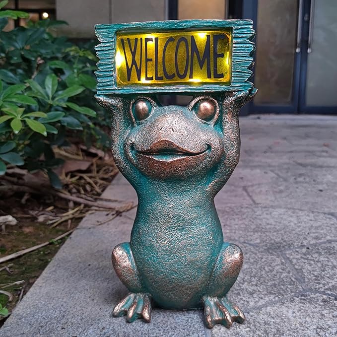 Solar Frog Garden Statue with Welcome Sign - 11.5-Inch Resin Outdoor Decor
