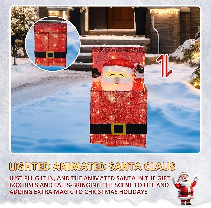 Illuminated animated Santa Claus in a red glitter gift box on snowy outdoor ground