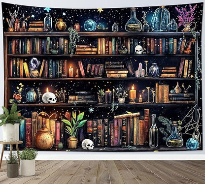Magic Bookshelf Tapestry – 51"x59" Vintage Witchy Books Gothic Wall Hanging | Dark Academia Starry Sky Decor for Bedroom & Dorm