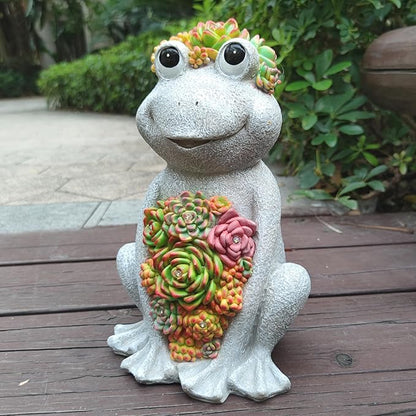 Large Frog Solar Garden Light with Succulents - Hand-Painted Resin Figurine with 8 Warm White LEDs for Lawn, Patio, Yard, and Balcony