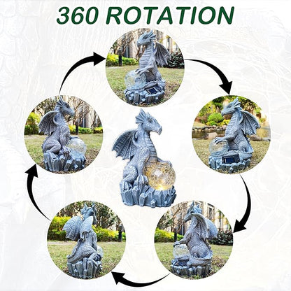 Blue dragon solar garden statue with glowing orb, shown from multiple rotating angles