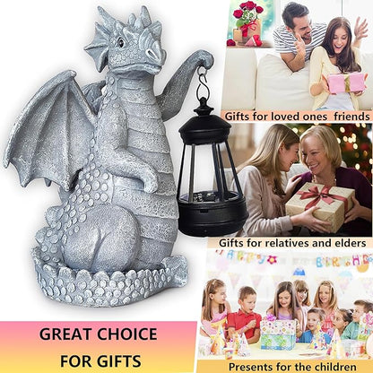 Blue dragon garden statue with glowing lantern on gift-themed photo collage