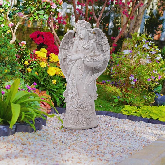 Large Angel Garden Statue with Birds - 23.5-Inch Natural Stone Resin Outdoor Sculpture