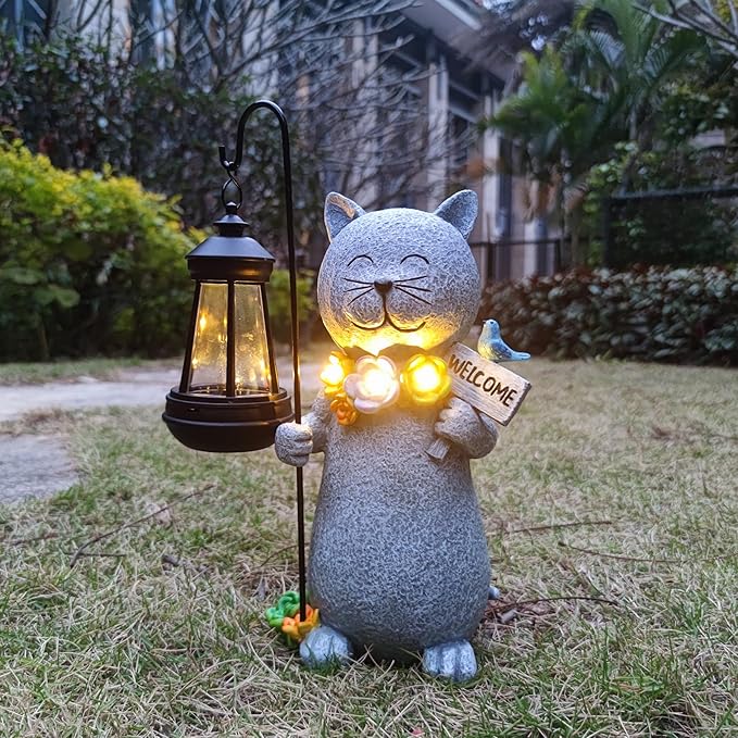 Solar Cat Garden Statue with Lantern and Flowers - 12-Inch UV-Resistant Resin Outdoor Decor