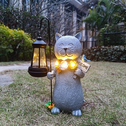 Solar Cat Garden Statue with Lantern and Flowers - 12-Inch UV-Resistant Resin Outdoor Decor