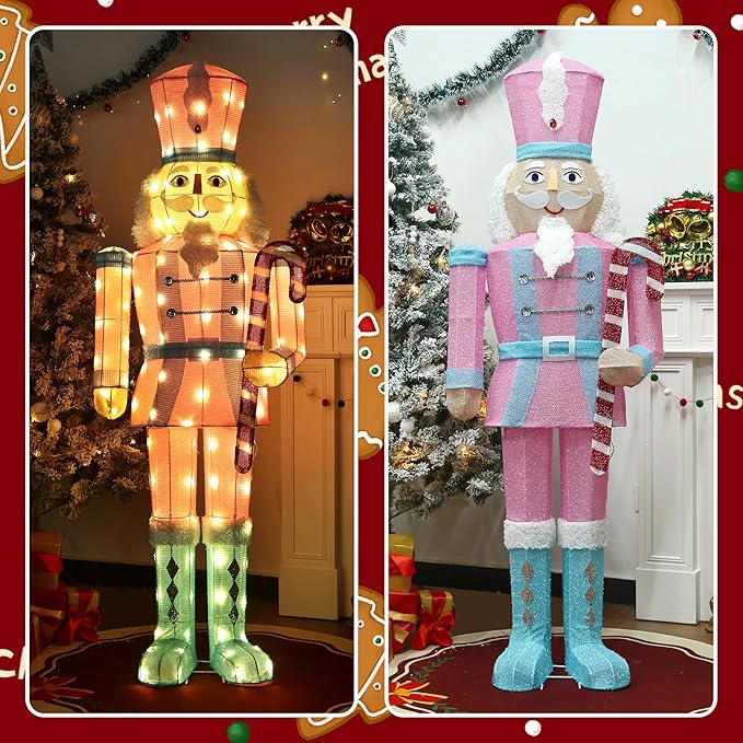 LED-lit nutcracker yard stake decor with purple hat, red-and-white outfit, and glowing boots