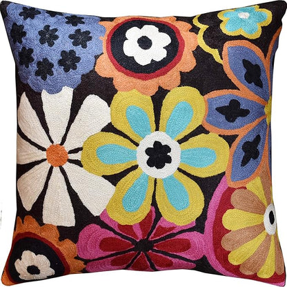 Embroidered floral pillow cover with multicolor daisy pattern
