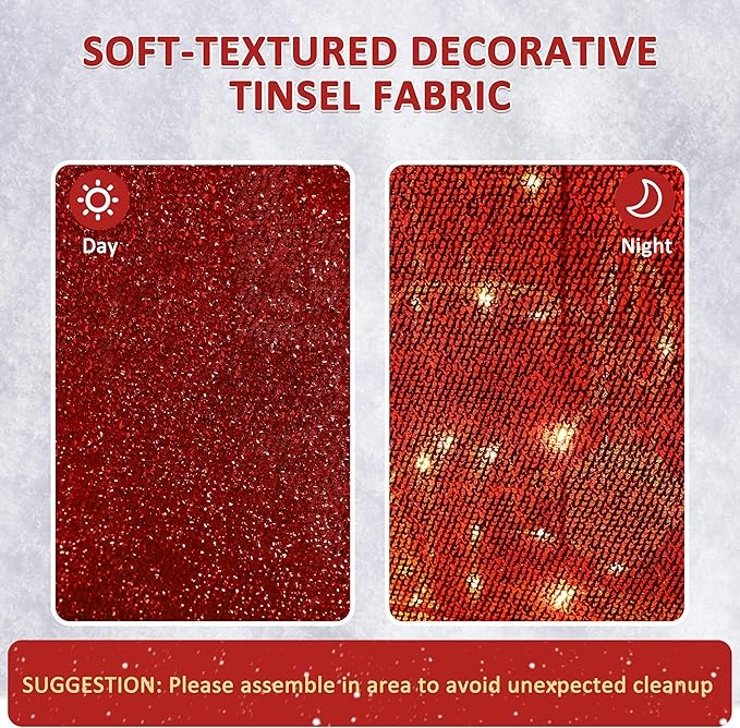 Soft tinsel fabric panels for a red glitter Santa decor with day and night effects