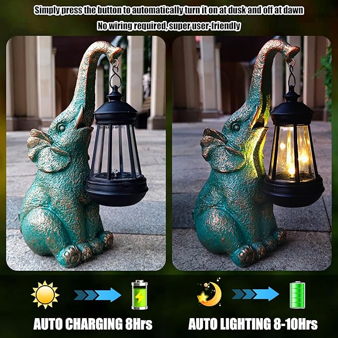 Solar Elephant Garden Statue with Lantern - 10.8-Inch Good Luck Resin Decor
