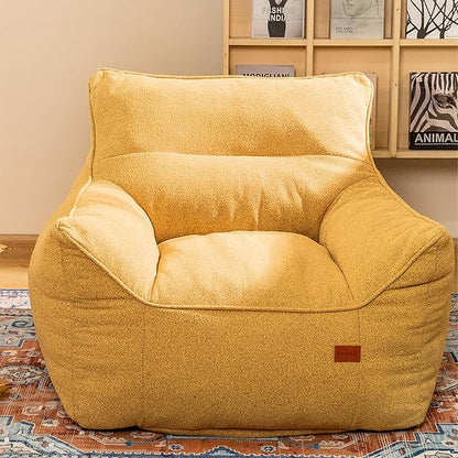 Mustard Chenille Cushioned Bean Bag Armchair - Structured Memory Foam Lounge Chair for Maximalist Interiors, Reading Nook, and Warm Eclectic Spaces