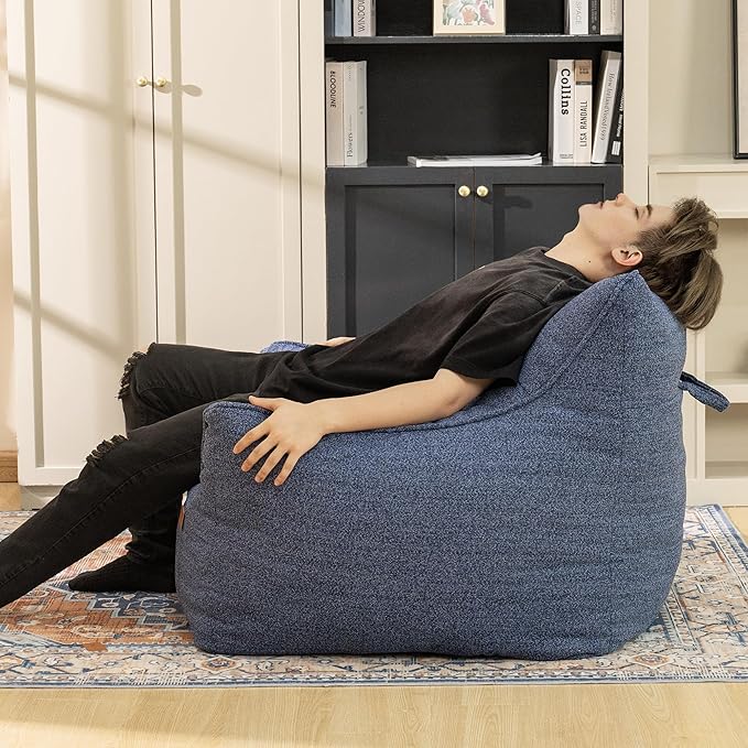 Denim Blue Chenille Memory Foam Bean Bag Armchair - Deep Recline Lounge Chair with Armrests for Reading Nook, Nursery, and Modern Home