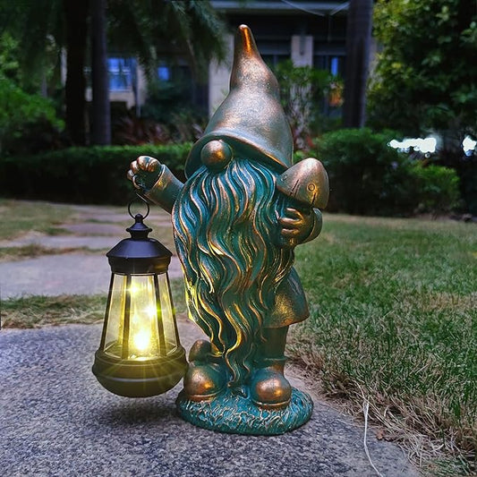 Outdoor garden gnome solar lantern statue with teal beard and bronze cone hat
