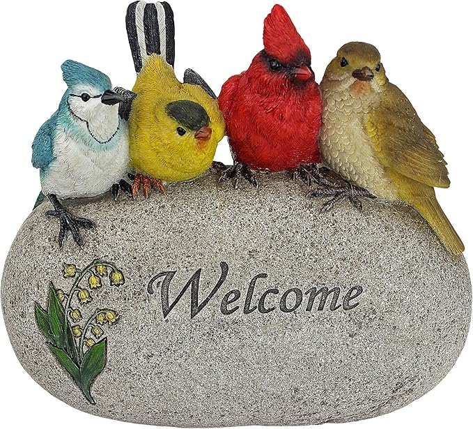 Birdy Welcome Garden Stone Statue with 4 Birds - Indoor and Outdoor Entryway Decor