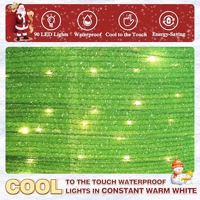 Warm white LED lights on green glitter fabric sheet for waterproof-style light display