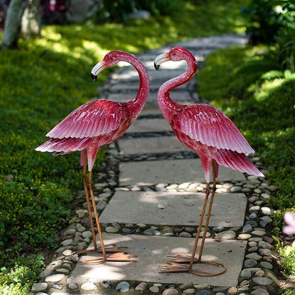 2-Pack Large Metal Flamingo Garden Statues - Textured Bird Yard Art and Event Decor
