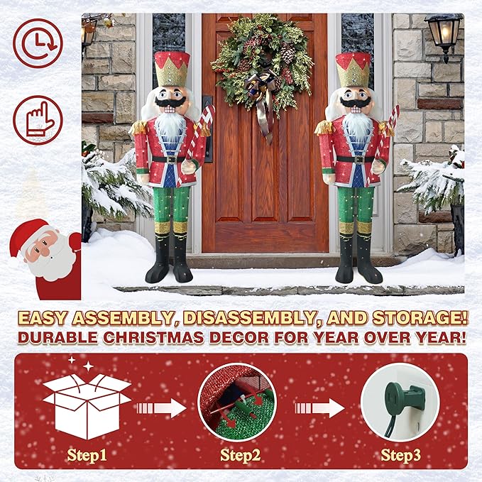 Two standing lit nutcracker soldiers in red coats and green pants with warm white lights