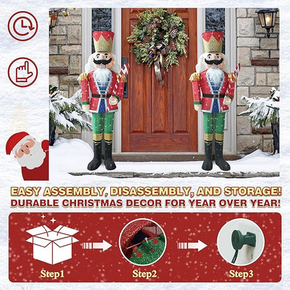 Two standing lit nutcracker soldiers in red coats and green pants with warm white lights
