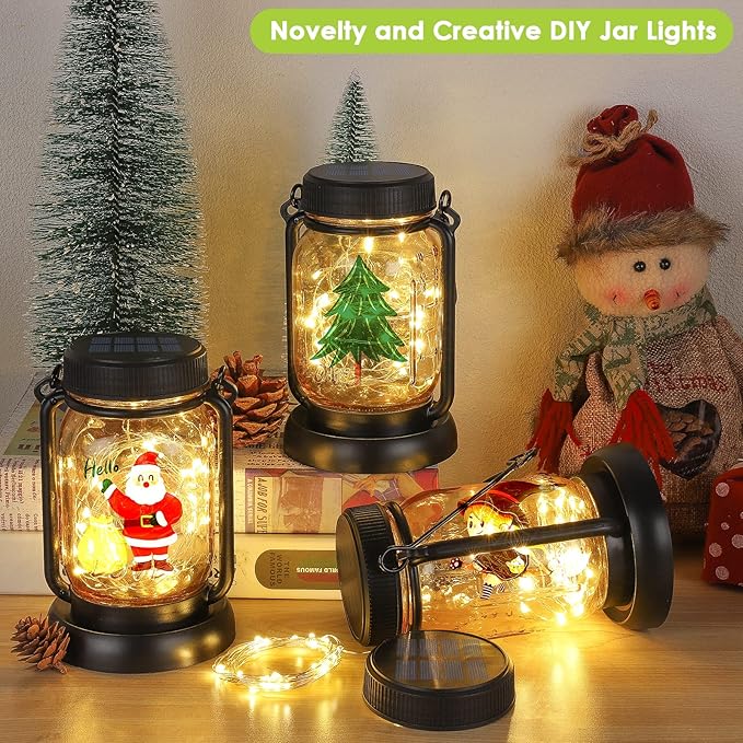 Solar mason jar lanterns with warm lights in black holders for outdoor holiday decor