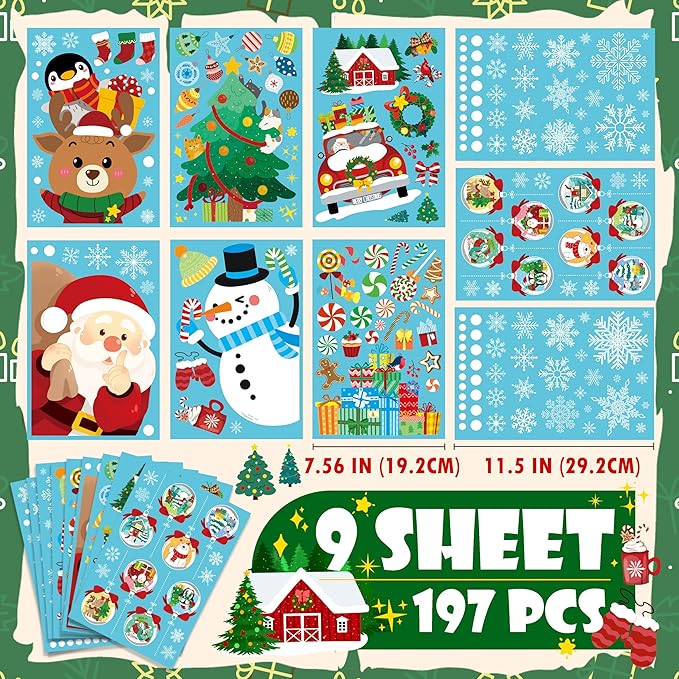 Sheet of Christmas window cling decals, 197 pieces with snowflake and character designs