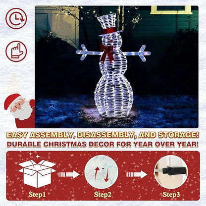 Illuminated iridescent snowman with bright LEDs, red scarf and top hat, standing display