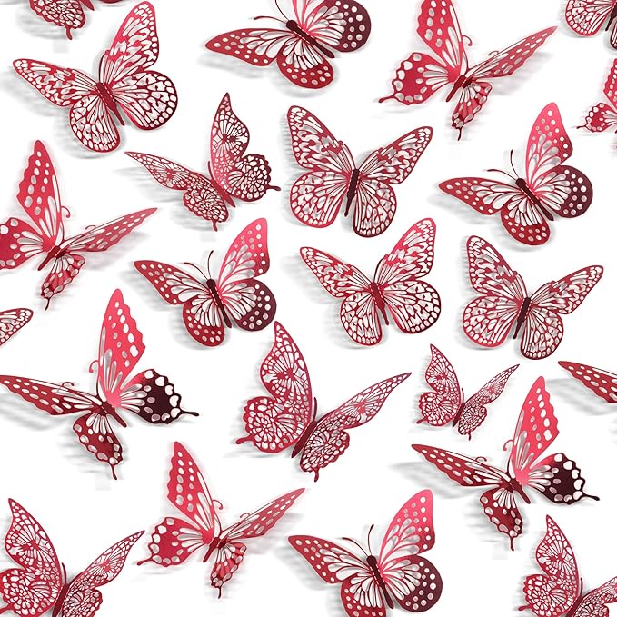 Red 3D butterfly wall decals, metallic paper cutouts in a scattered pattern
