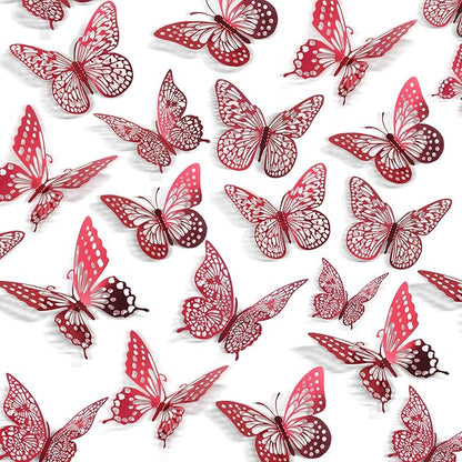 Red 3D butterfly wall decals, metallic paper cutouts in a scattered pattern