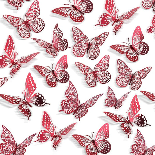 Red 3D butterfly wall decals, metallic paper cutouts in a scattered pattern