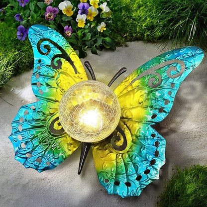 Solar Butterfly Garden Light with Crackle Glass Globe - Metal Outdoor Decor