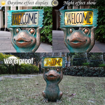 Solar Frog Garden Statue with Welcome Sign - 11.5-Inch Resin Outdoor Decor