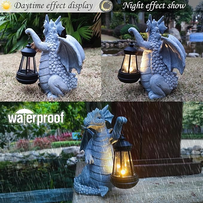 Blue dragon garden statue with glowing lantern in rainy outdoor scene