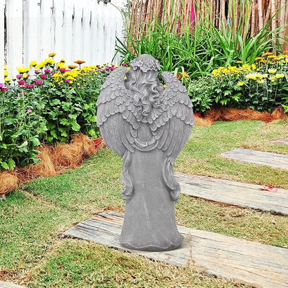 Large Angel Garden Statue with Birds - 23.5-Inch Natural Stone Detail Resin Outdoor and Indoor Sculpture