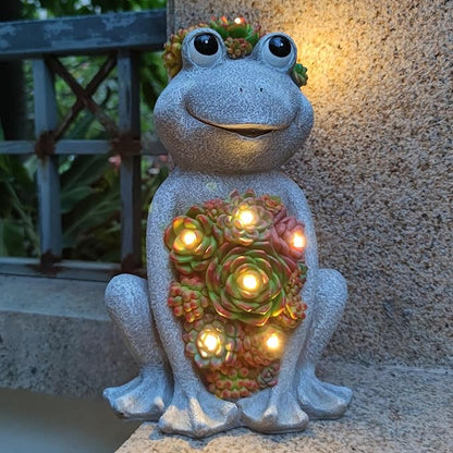 Large Frog Solar Garden Light with Succulents - Hand-Painted Resin Figurine with 8 Warm White LEDs for Lawn, Patio, Yard, and Balcony