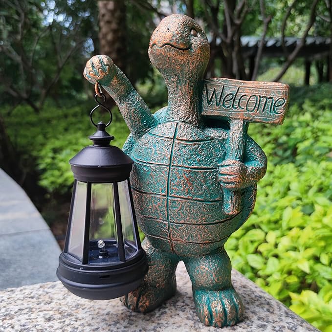 Solar Turtle Garden Statue with Welcome Sign and Lantern - 10-Inch Resin Decor