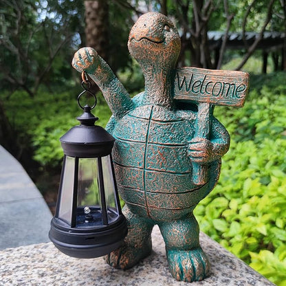Solar Turtle Garden Statue with Welcome Sign and Lantern - 10-Inch Resin Decor