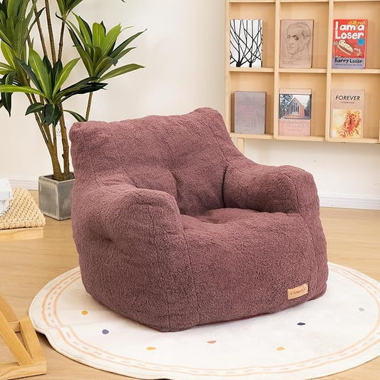 Mauve Teddy Faux Fur Bean Bag Armchair - Soft Memory Foam Reading Chair for Kids Room, Teen Bedroom, Reading Corner, and Toddler Story Time