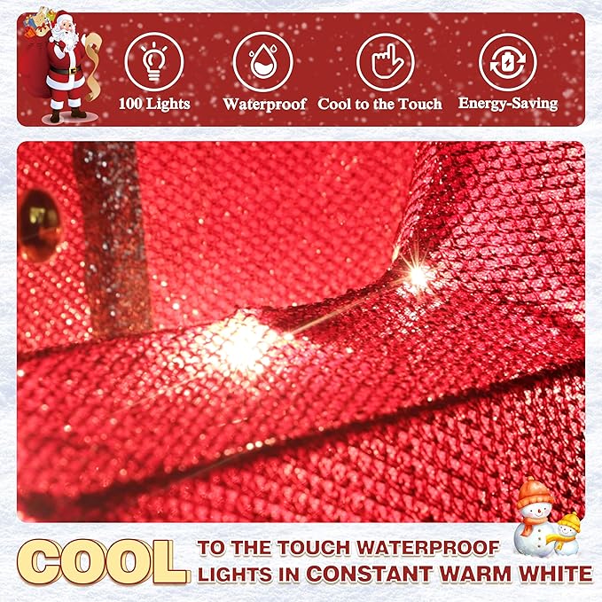 Close-up of red tinsel with warm white LED lights and a thin power wire