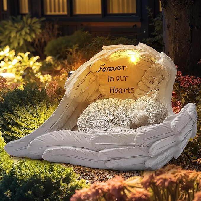 Angel Cat Memorial Garden Statue with Solar Light - Resin Pet Remembrance Decor