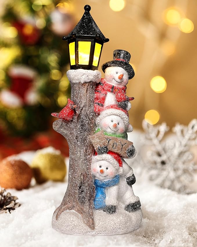 Lighted stacked snowman table decor with lantern, red and blue painted faces