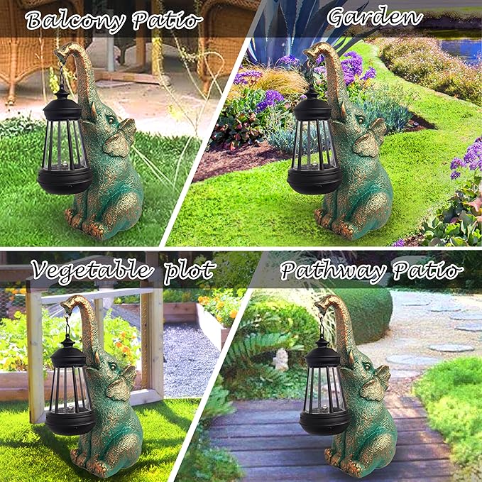 Solar Elephant Garden Statue with Lantern - 10.8-Inch Good Luck Resin Decor