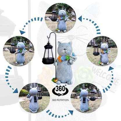 Solar Cat Garden Statue with Lantern and Flowers - 12-Inch UV-Resistant Resin Outdoor Decor