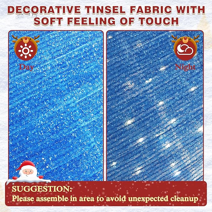 Blue glitter tinsel fabric panel with soft reflective sparkle texture