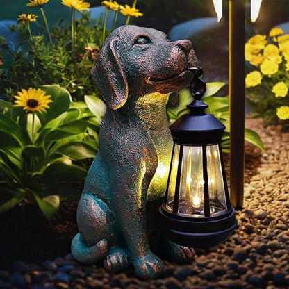 Solar Dog Garden Statue with Lantern - 9.4-Inch Resin Outdoor Decor