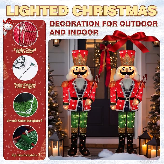 Lit nutcracker soldier holiday decoration with red coat, green pants, and warm white lights